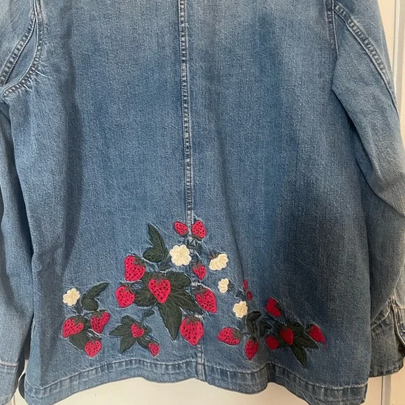Madewell Blue Denim Jacket with Embroidered strawberries and sun. - Picture 5 of 8